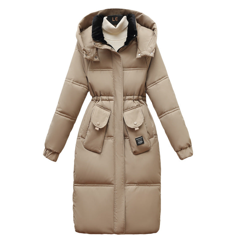 Women's Long Puffer Jacket with Detachable Hood and Large Pockets
