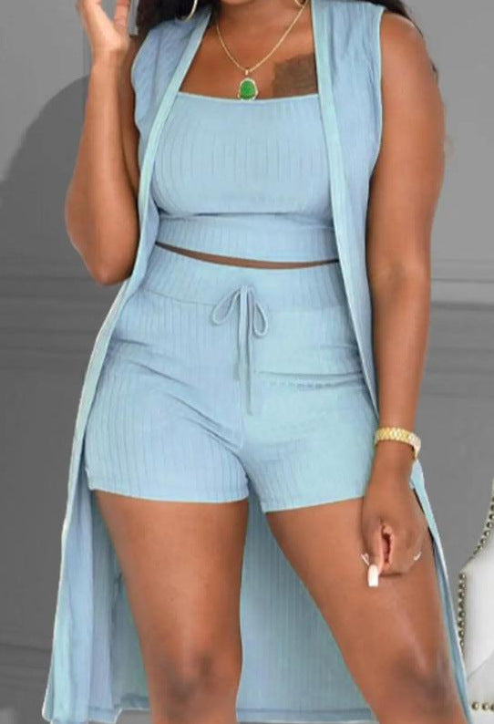 Women's Casual 3-Piece Set: Crop Top, Shorts, and Long Cardigan