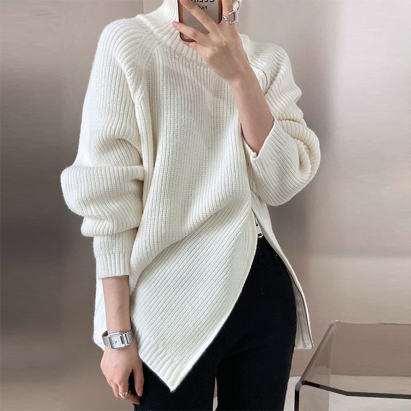 Women's Flair Sweater with Asymmetric Cut and Stand-Up Collar