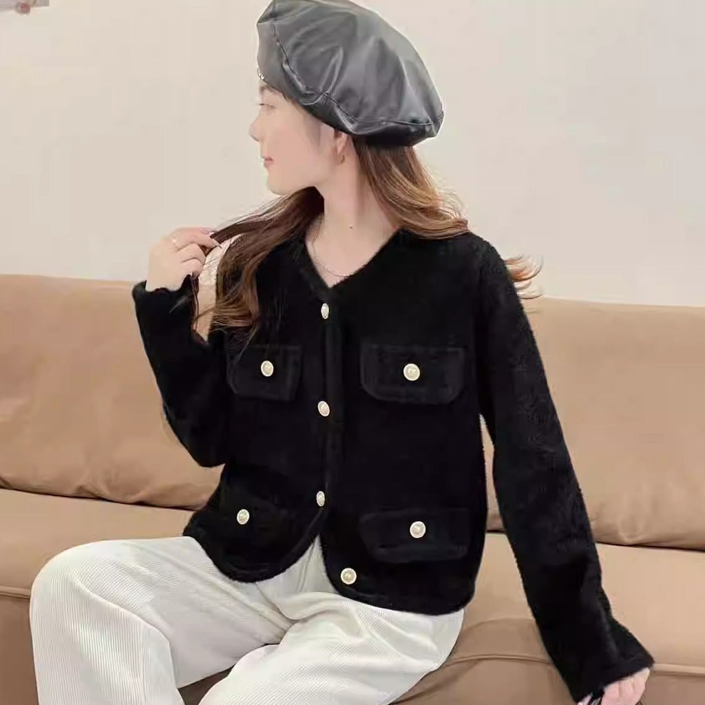 Women's Fluffy Cardigan with Decorative Buttons and Pockets