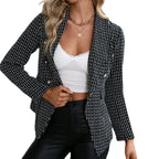 Women's Double-Breasted Blazer with Classic Plaid Pattern