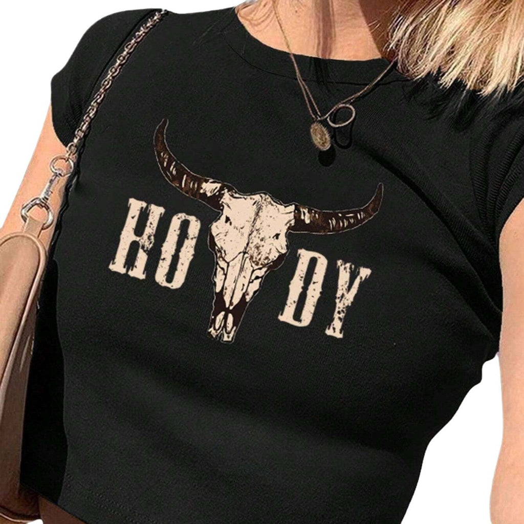 Women's Crop T-Shirt with Creative Cow Skull Design
