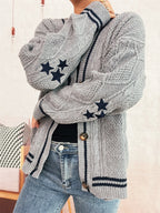 Women's Cozy Cardigan with Star Appliqués and Modern Details