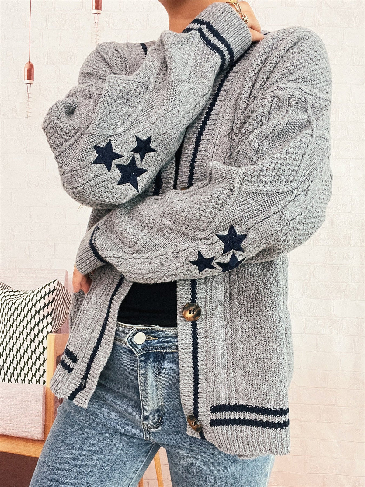 Women's Cozy Cardigan with Star Appliqués and Modern Details