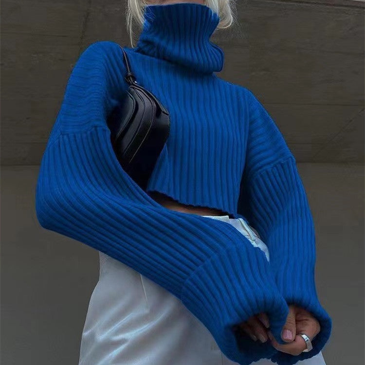 Women's High-Neck Cropped Sweater with Asymmetrical Cut