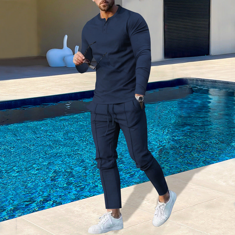 Men's nano athletic Henley long sleeve shirt and tapered jogging pants with decorative seams