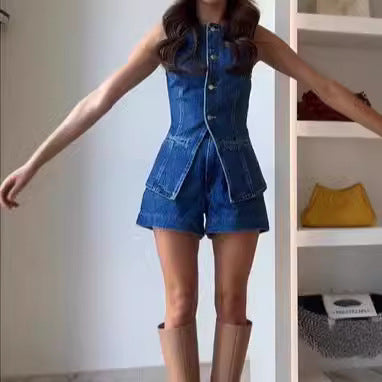 Women's Denim Overall with Chic Cut and Button Details