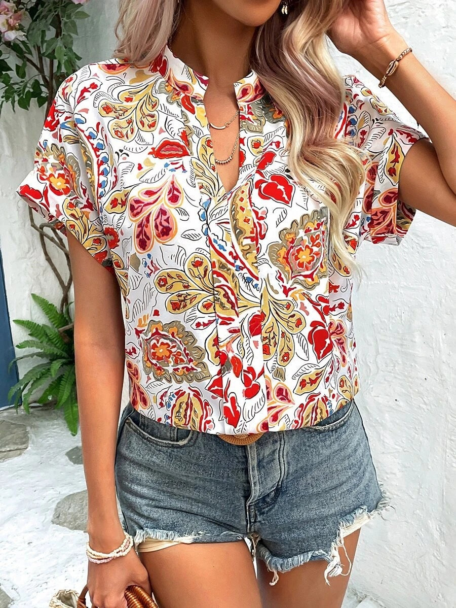 Women's Floral Blouse with Stylish Stand-Up Collar