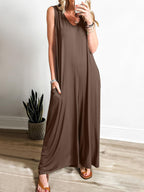 Women's Loose Jumpsuit with Deep V-Neck and Side Pockets