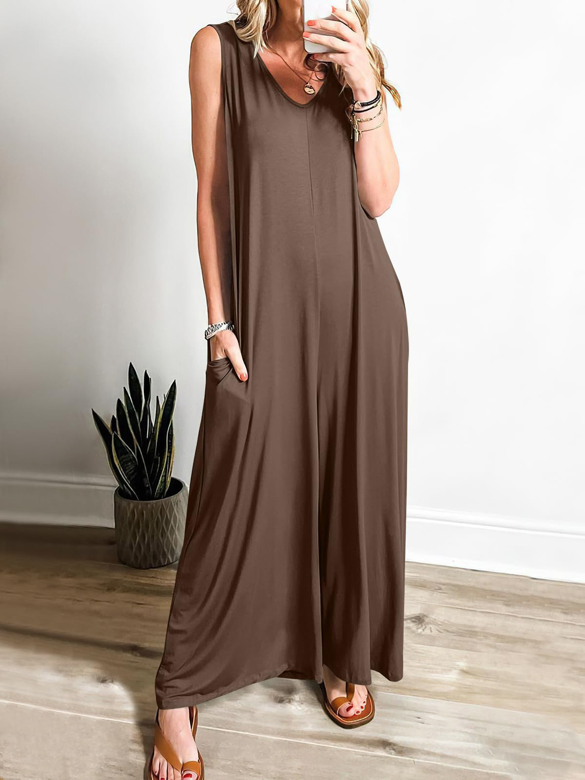 Women's Loose Jumpsuit with Deep V-Neck and Side Pockets