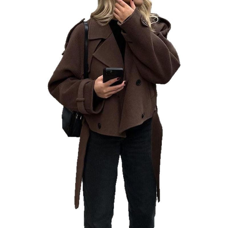 Women's Cropped Wool Coat with Double-Breasted Buttons