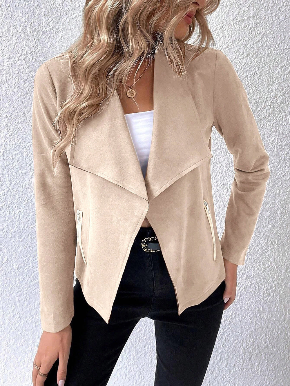 Women's Elegant Velour Jacket with Asymmetric Lapel and Zipper Pockets