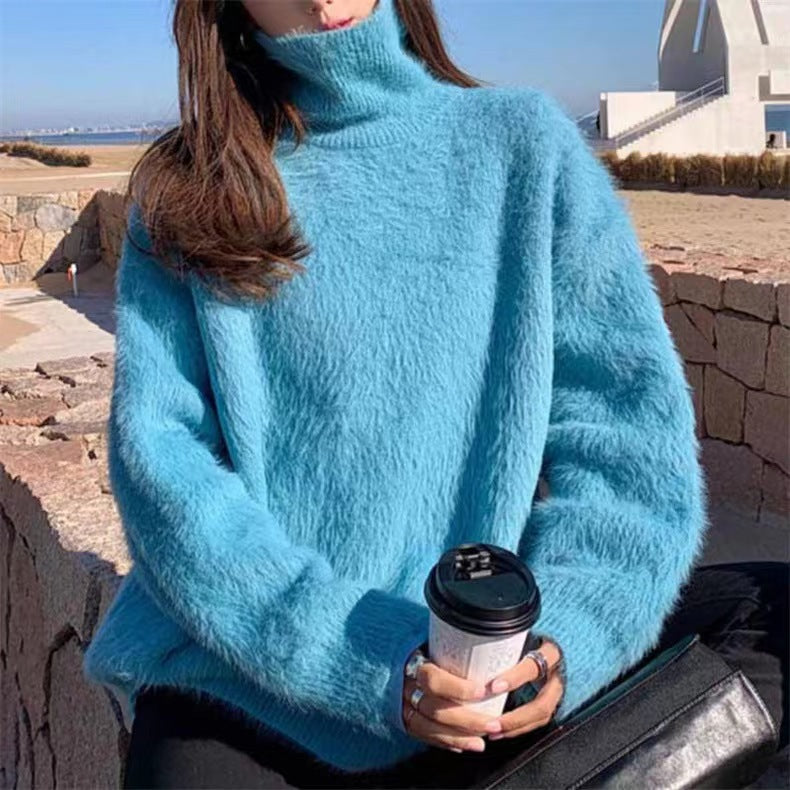 Women's Fluffy Sweater with Loose Fit and High Collar