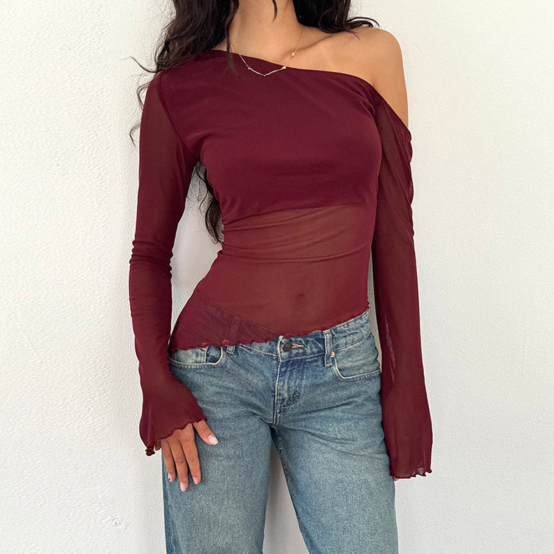 Women's Asymmetrical Long-Sleeve Shirt with Sheer Sleeves