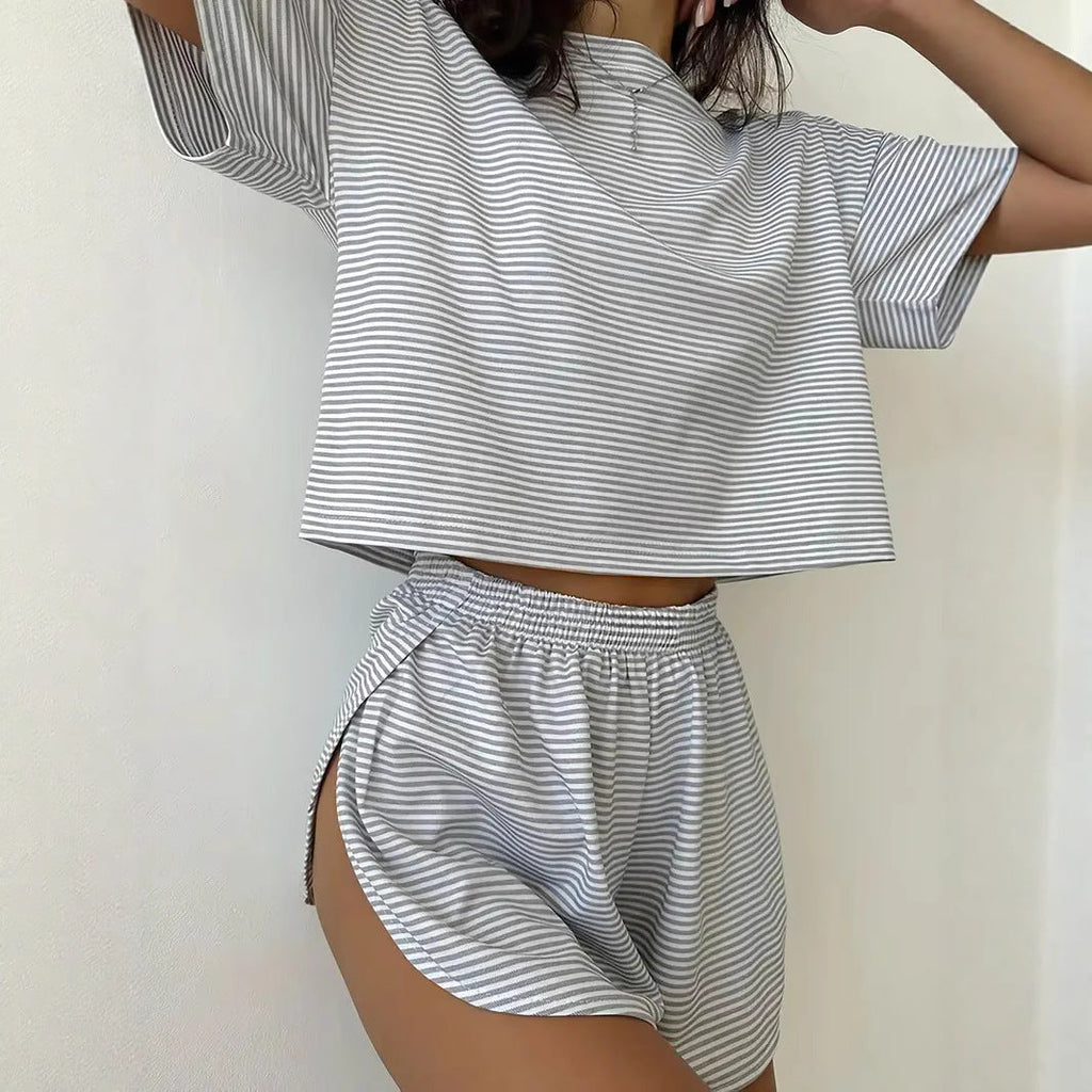 Women's Casual Striped Set with Wide T-Shirt and Shorts