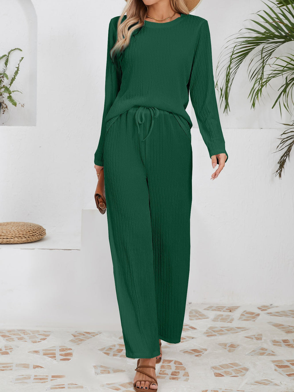 Women's Casual Ribbed Lounge Set with Elastic Waist