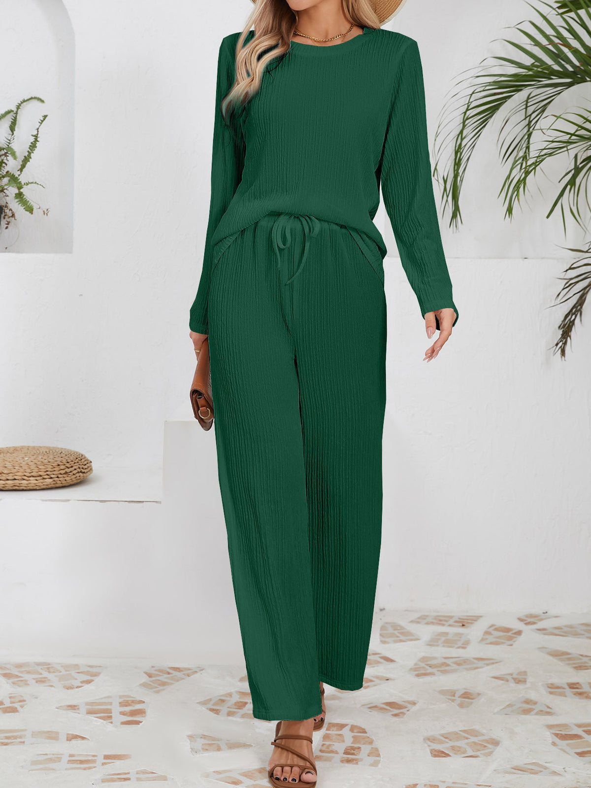 Women's Casual Ribbed Lounge Set with Elastic Waist