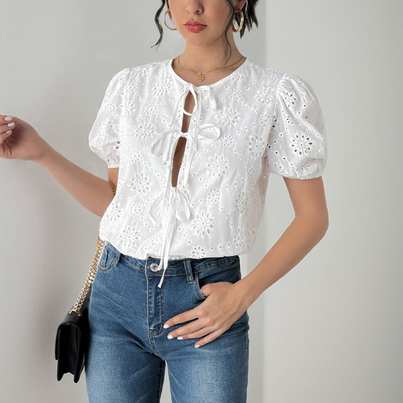 Women's Blouse with Ruffles and Lace-Up Detail