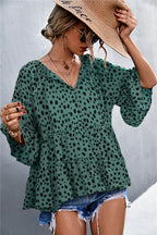 Women's Casual Blouse with Voluminous Sleeves and Polka Dot Pattern