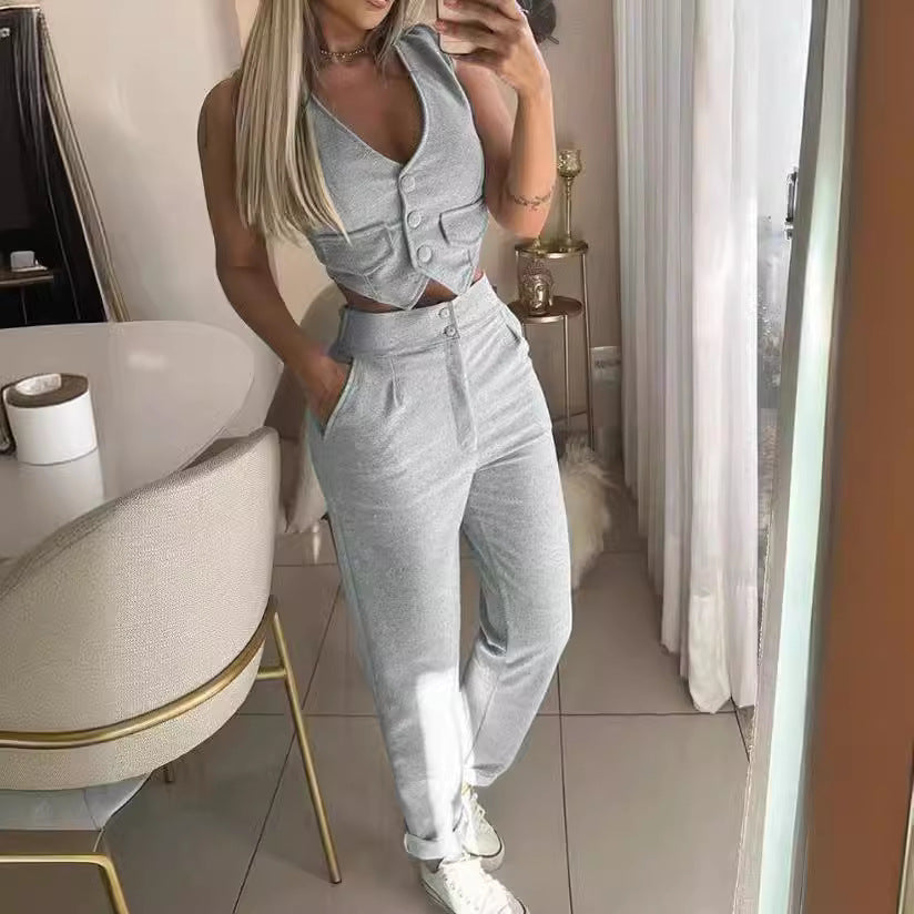 Women's Fashionable Two-Piece Set with Button Plackets and High Waist