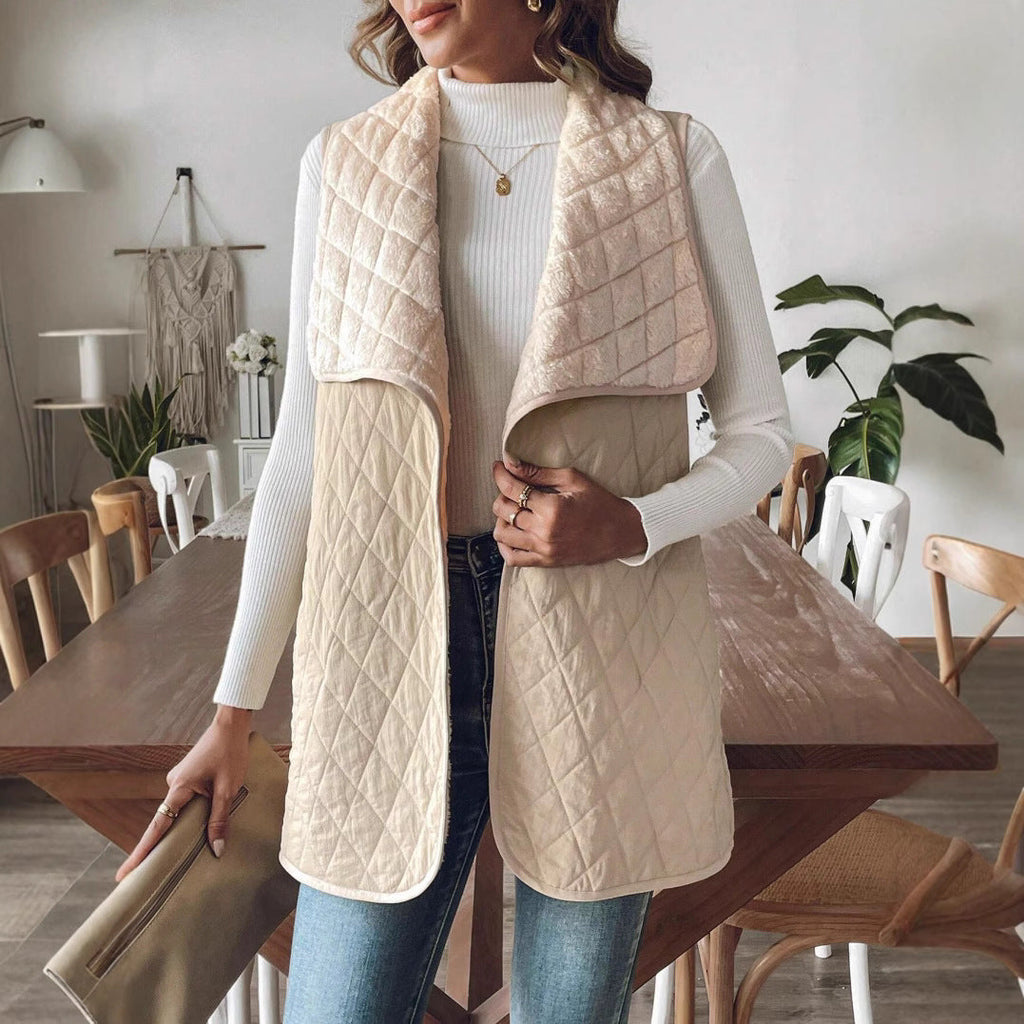 Elegant Quilted Vest with Wide Collar and Pockets