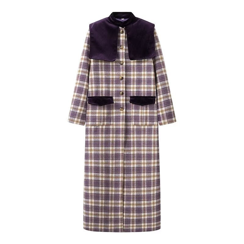 Women's Plaid Trench Coat with Luxurious Velour Details