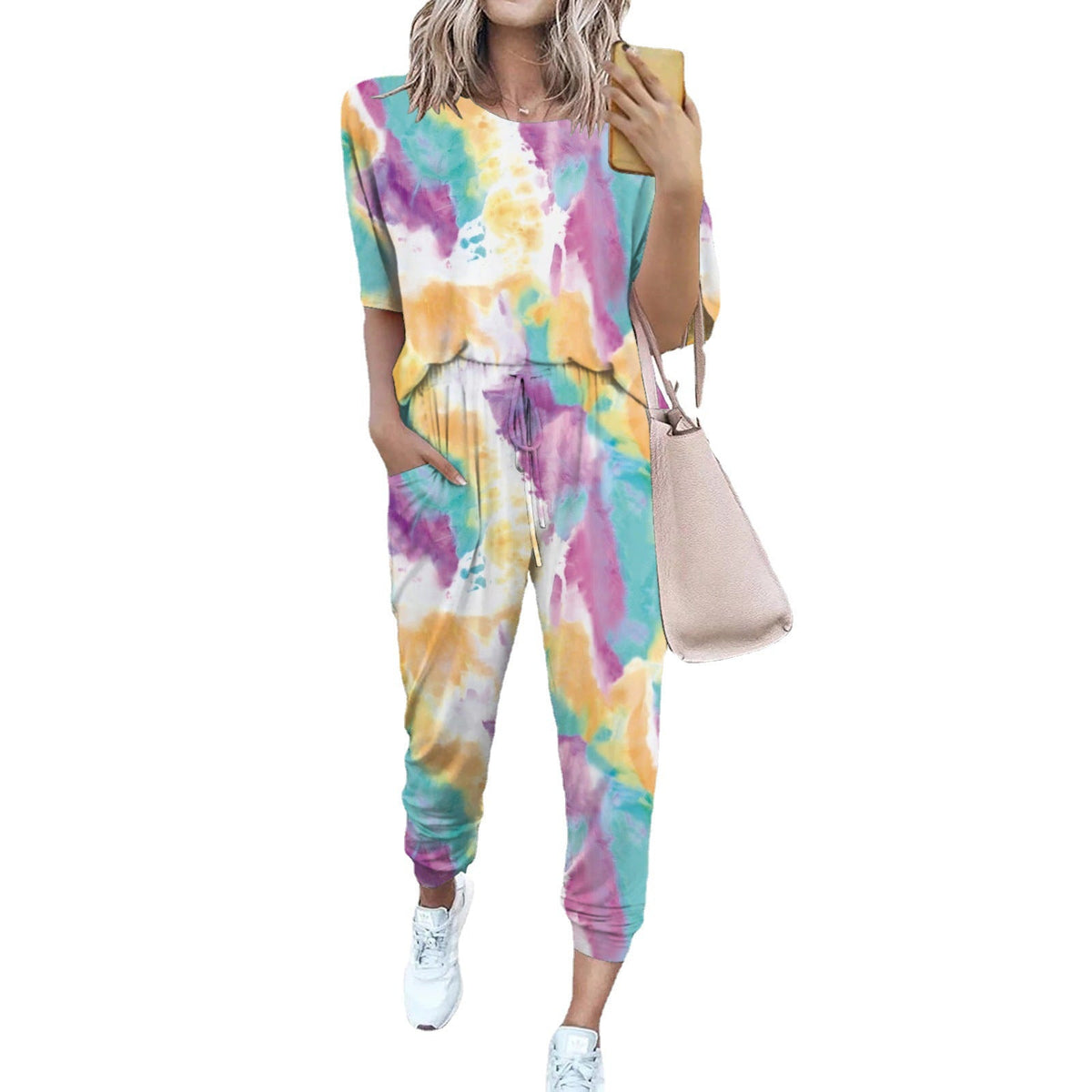 Women's Lightweight Casual Jumpsuit with Tie-Dye Pattern and Pockets