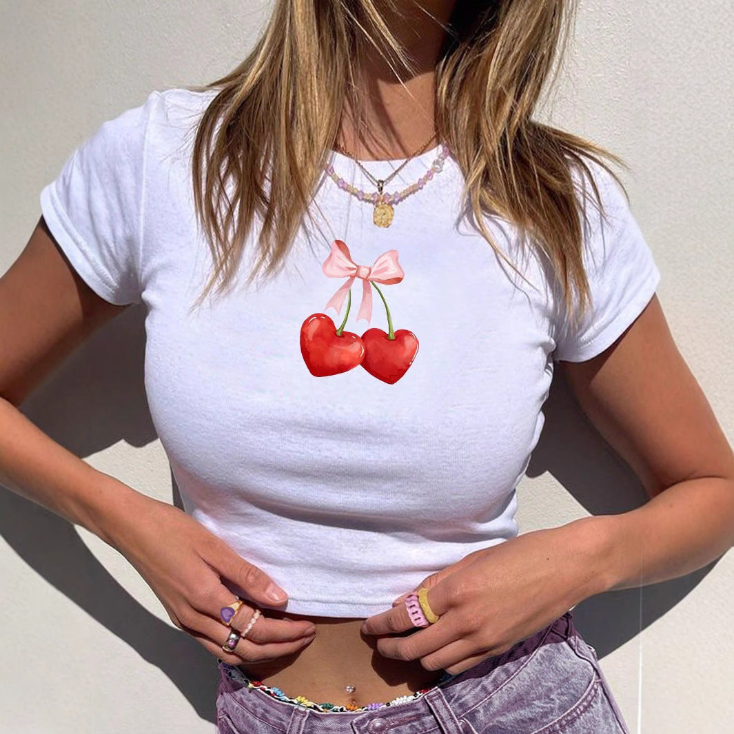 Women's Cherry Print Crop T-Shirt with Bow Detail