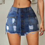 Button-Front Denim Skirt with Frayed Details