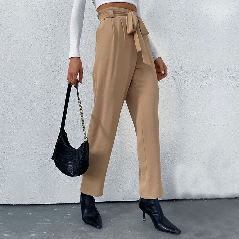 Women's Elegant High-Waist Trousers with Tie Belt