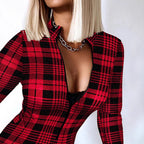 Women's Bodysuit with Stand-Up Collar and Fashionable Plaid Pattern