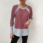Women's Casual Long-Sleeve Shirt with Waffle Texture and Contrast Sleeves