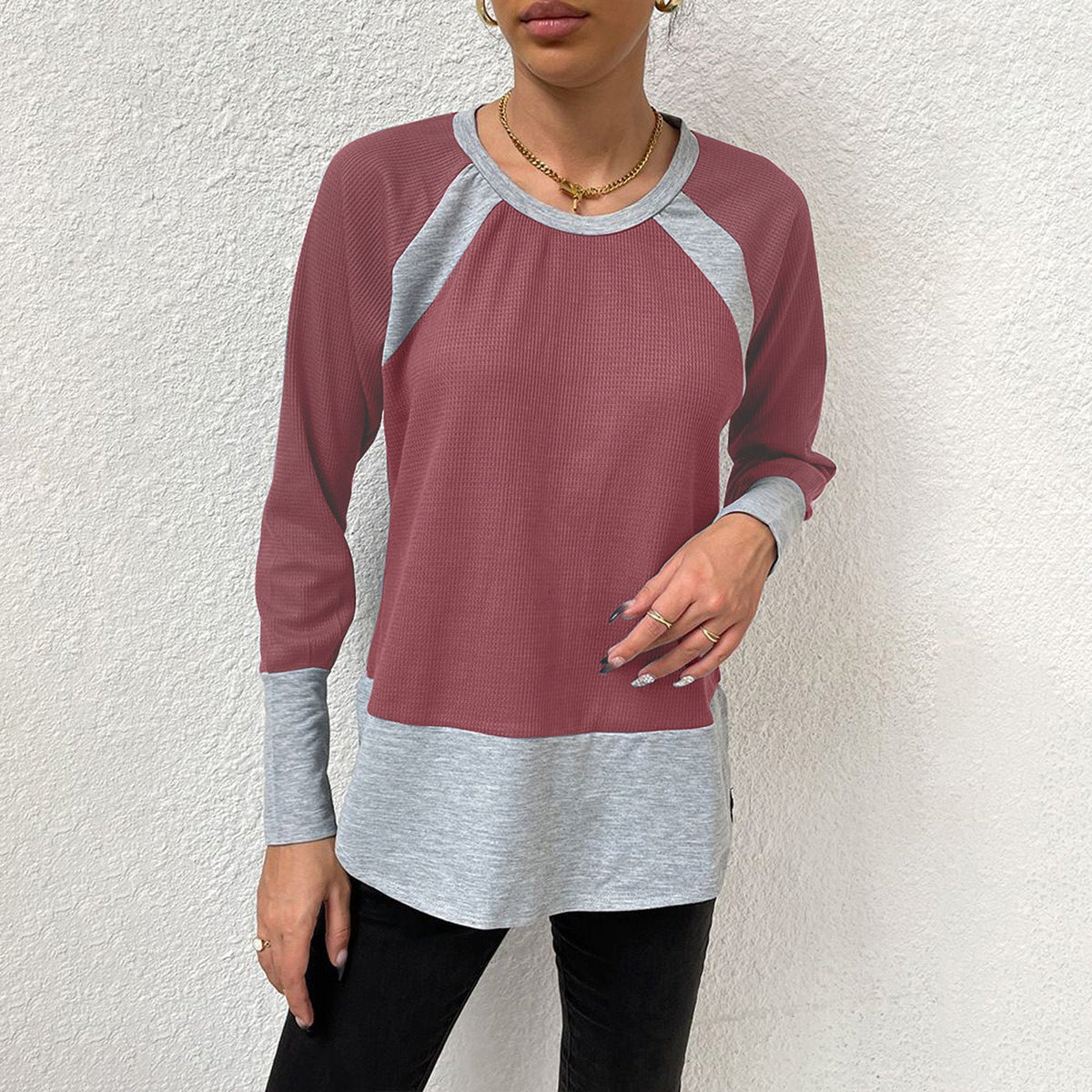 Women's Casual Long-Sleeve Shirt with Waffle Texture and Contrast Sleeves