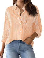 Women's Loose Striped Shirt with Chest Pocket and Roll-Up Sleeves
