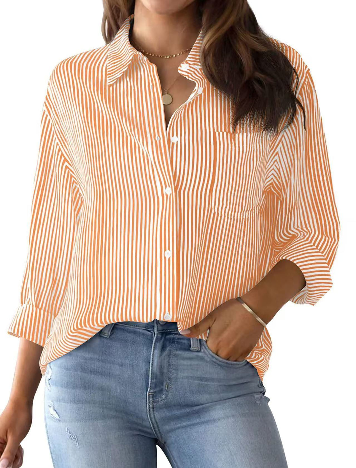 Women's Loose Striped Shirt with Chest Pocket and Roll-Up Sleeves