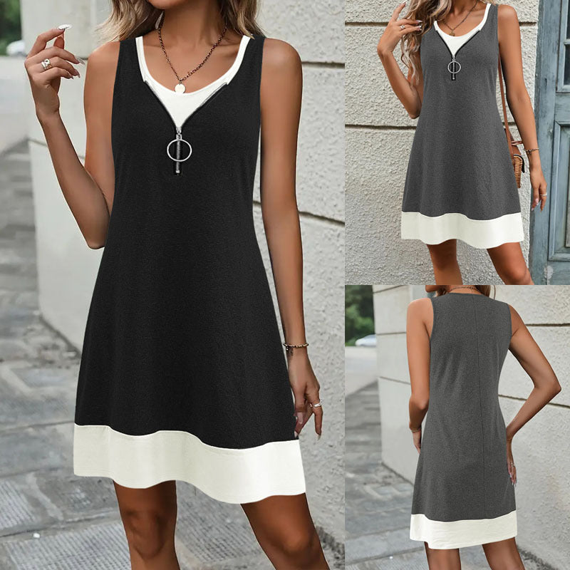 Women's Sleeveless Summer Dress with Zipper and Contrast Details