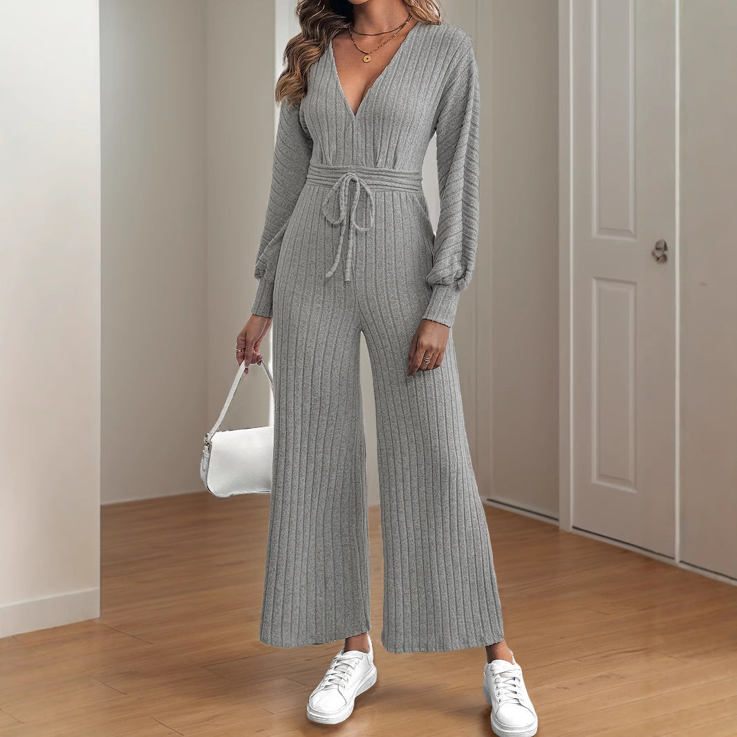 Women's Casual Knit Jumpsuit with Wide Leg and Belt