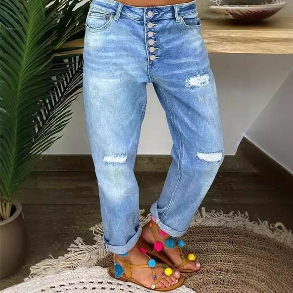 Women's Boyfriend Jeans with Button Fly and Distressed Details