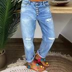 Women's Boyfriend Jeans with Button Fly and Distressed Details
