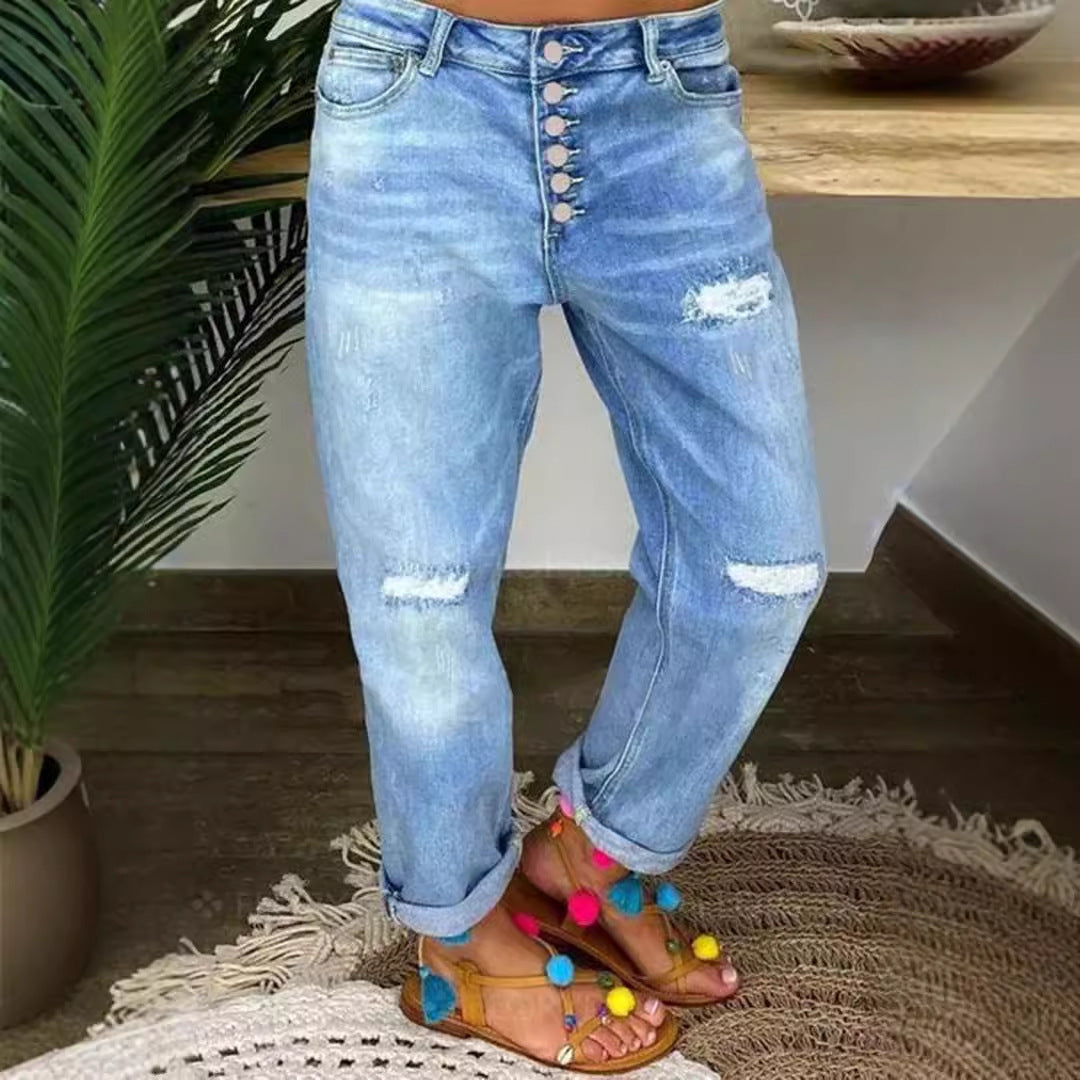 Women's Boyfriend Jeans with Button Fly and Distressed Details