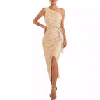 Women's Asymmetrical Evening Dress with Sequins and High Slit