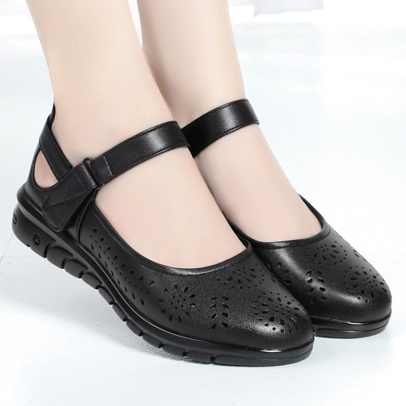 Women's Breathable Ballet Flats with Adjustable Strap and Patterned Cutouts