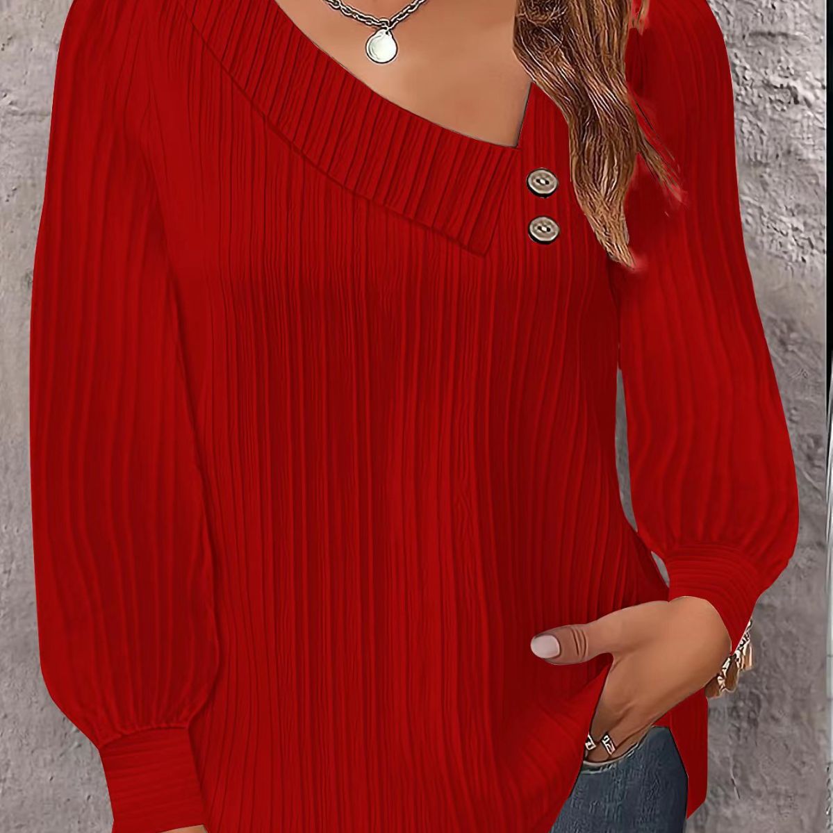 Women's Casual Blouse with Asymmetric Collar and Decorative Buttons