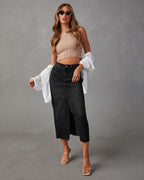 Women's Casual Denim Skirt with Side Slit and Frayed Hem