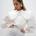 Elegant Blouse with Decorative Ruffle Collar and Puff Sleeves