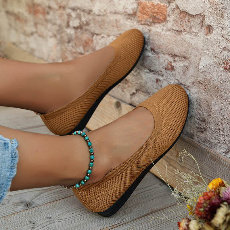 Women's Ballet Flats with Elegant Knit Design and Fashionable Pearl Embellishment