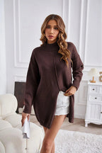 Women's Chunky Knit Sweater with High Collar and Asymmetrical Cut