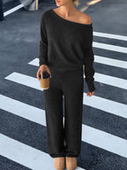 Women's Cozy Bouclé Lounge Set with One-Shoulder Crop Pullover and High-Waist Palazzo Pants