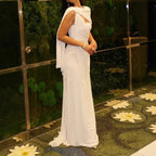 Elegant Evening Dress with Asymmetrical Shawl