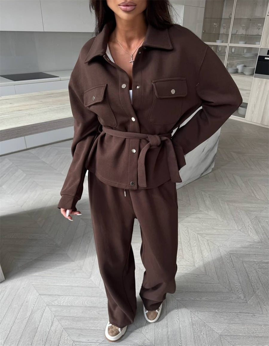 Women's Elegant Loungewear Set with Waist Belt and Practical Pockets